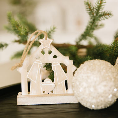 Click here to see Adams&Co 75521 75521 5x5x1.5 wood ornament (NATIVITY) natural, white Mid Century Collection