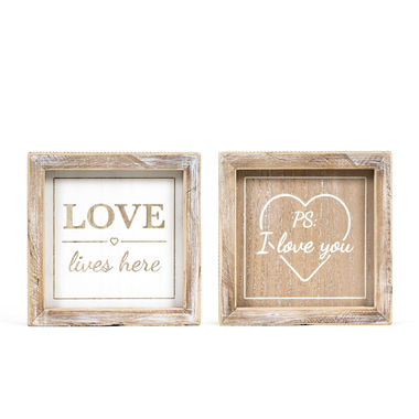 Click here to see Adams&Co 11831 11831 6x6x1.5 reversible wood frame sign (PS/LOVE) natural, white  