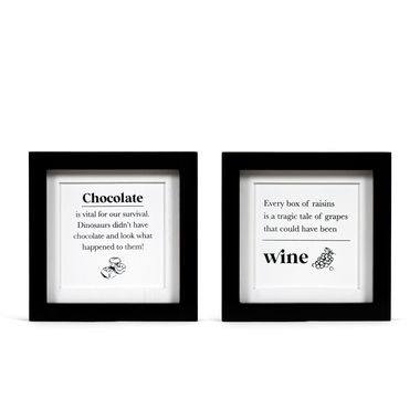 Click here to see Adams&Co 11839 11839 8x8x1.5 reversible wood frame sign (RAISINS/DINOSAURS) white, black Chocolate & Wine Collection