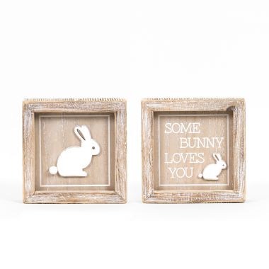 Click here to see Adams&Co 35001 35001 5x5x1.5 reversible wood frame sign (BUNNY/LOVES) natural, white Cottontail Collection