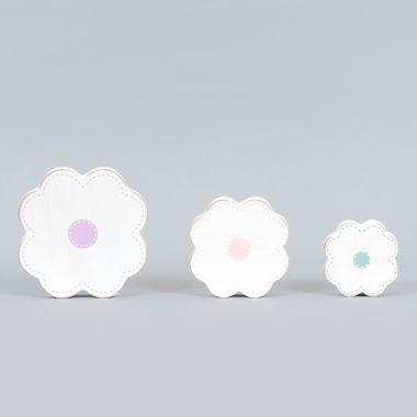 Click here to see Adams&Co 30300 30300 5x5, 4x4, 3x3 wood cutout shapes s/3 (FLOWER) purple, pink, white