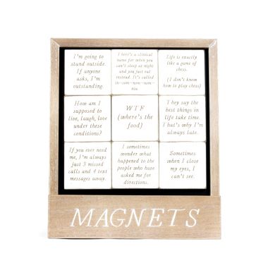 Click here to see Adams&Co 11875 11875 3x3x.5 wood inspirational magnets set of nine, white, black  Funny Collection