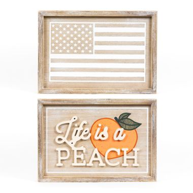 Click here to see Adams&Co 45174 45174 17x12x1.5 rvs wood frame sign (PEACH/FLAG) multicolor  Peaches, Cream & The American Dream Collection