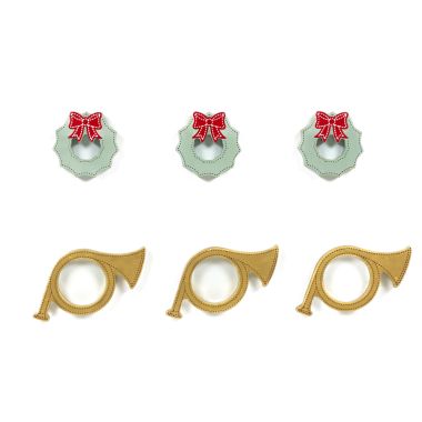Click here to see Adams&Co 75565 75565 4x2x.25 wood shape set of six (WREATH/HORN) multicolor Home For The Holidays Collection