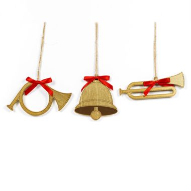 Click here to see Adams&Co 75558 75558 3x3x.25 wood ornament set of three (HORNS/BELL) gold, red Home For The Holidays Collection