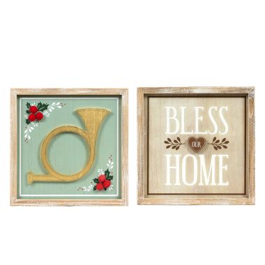 Click here to see Adams&Co 75547 75547 10x10x1.5 reversible wood frame sign (HORN/BLESS) multicolor Home For The Holidays Collection