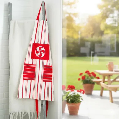 Click here to see Adams&Co 71294 71294 25x35 cotton apron (PEPPERMINT) red, white  Candy Cane Lane Collection