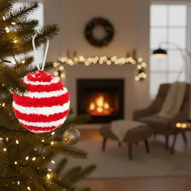 Click here to see Adams&Co 71290 71290 3x3x3 yarn ball ornament, red, white Candy Cane Lane Collection