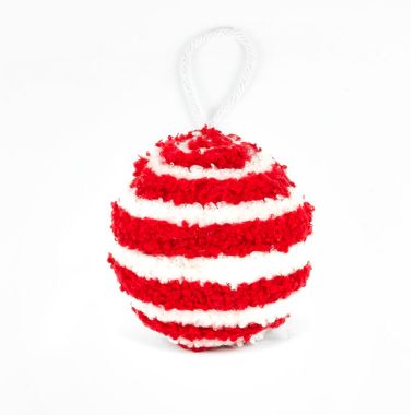 Click here to see Adams&Co 71290 71290 3x3x3 yarn ball ornament, red, white Candy Cane Lane Collection