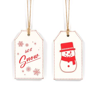 Click here to see Adams&Co 71241 71241 3x5x.5 reversible wood tag (SNOW/SNOWMAN) white, red Candy Cane Lane Collection