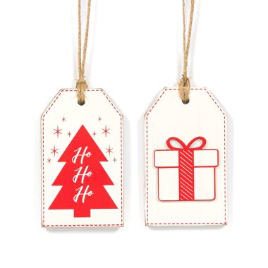 Click here to see Adams&Co 71240 71240 3x5x.5 reversible wood tag (TREE/PRESENT) red, white Candy Cane Lane Collection