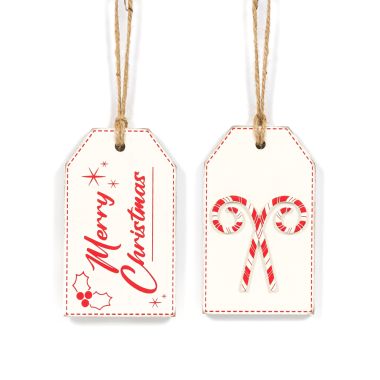 Click here to see Adams&Co 71239 71239 3x5x.5 reversible wood tag (MERRY/CANDY) red, white Candy Cane Lane Collection