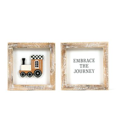 Click here to see Adams&Co 71281 71281 5x5x1.5 reversible wood frame sign (TRAIN/JOURNEY) multicolor Checking It Twice Collection