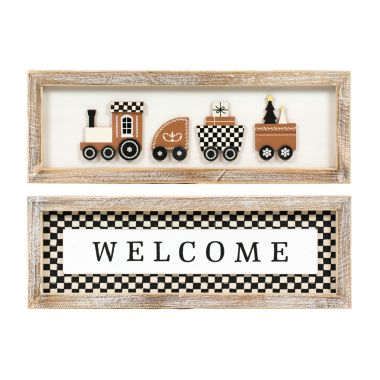 Click here to see Adams&Co 71279 71279 17x6x1.5 reversible wood frame sign (TRAIN/WELCOME) multicolor  Checking It Twice