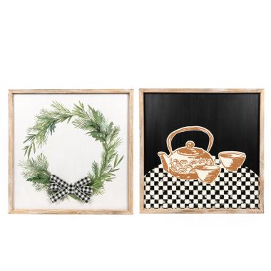 Click here to see Adams&Co 71266 71266 24x24x1.5 reversible wood frame sign (WREATH/TEAPOT) multicolor  Checking It Twice