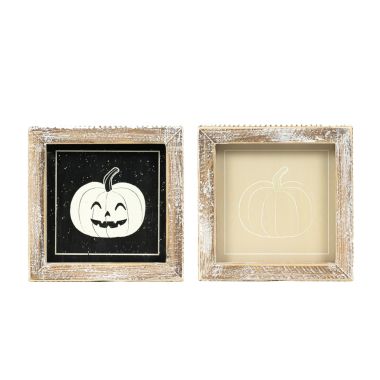 Click here to see Adams&Co 50505 50505 5x5x1.5 reversible wood frame sign (PUMPKIN) multicolor  Spooky Harvest Collection