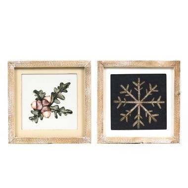 Click here to see Adams&Co 60280 60280 10x10x1.5 reversible wood frame sign (SNOWFLAKE/ACORN) multicolor Holiday Flora & Fauna Collection