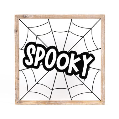 Click here to see Adams&Co 50496 50496 17x17x1.5 wood frame sign (SPOOKY) white, black  Adams Family Collection
