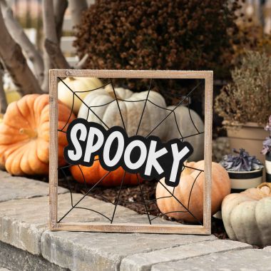 Click here to see Adams&Co 50496 50496 17x17x1.5 wood frame sign (SPOOKY) white, black  Adams Family Collection