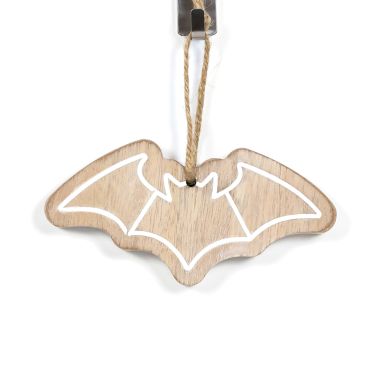 Click here to see Adams&Co 50489 50489 5x3x.25 wood ornament (BAT) natural, white  Adams Family Collection