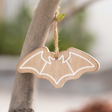Click here to see Adams&Co 50489 50489 5x3x.25 wood ornament (BAT) natural, white The Adams Family Collection