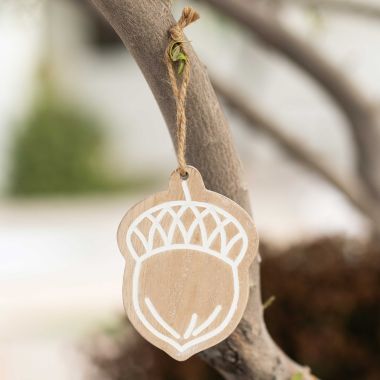 Click here to see Adams&Co 50487 50487 3x4x.25 wood ornament (ACORN) natural, white  Adams Family Collection
