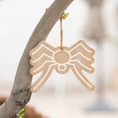 Click here to see Adams&Co 50486 50486 5x4x.25 wood ornament (SPIDER) natural, white  Adams Family Collection