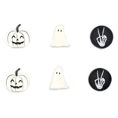 Click here to see Adams&Co 50519 50519 2x2x.25 wood shapes set of six (HALLOWEEN) white, black  Spooky Harvest Collection