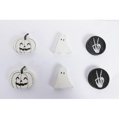 Click here to see Adams&Co 50519 50519 2x2x.25 wood shapes s/6 (HALLOWEEN) white, black  Spooky Harvest Collection