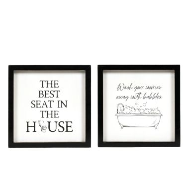 Click here to see Adams&Co 12084 12084 9x9x1.5 reversible wood frame sign (Wash Your Worries Away with Bubbles/The Best Seat in the House) white, black  Washroom Collection