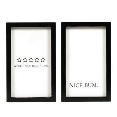 Click here to see Adams&Co 12083 12083 6x9x1.5 reversible wood frame sign (NICE BUM/WOULD POOP HERE AGAIN) white, black  Washroom Collection