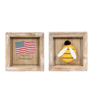 Click here to see Adams&Co 45179 45179 5x5x1.5 reversible wood frame sign (PROUD TO BE AMERICAN/BEE) multicolor  AMERICAN SUMMER COLLECTION