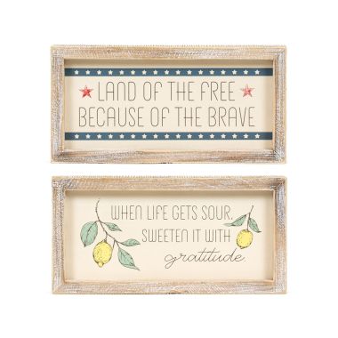 Click here to see Adams&Co 45178 45178 10x5x1.5 reversible wood frame sign (LAND OF THE FREE BECAUSE OF THE BRAVE/WHEN LIFE GETS SOUR SWEETEN IT WITH GRATITUDE) multicolor  AMERICAN SUMMER COLLECTION