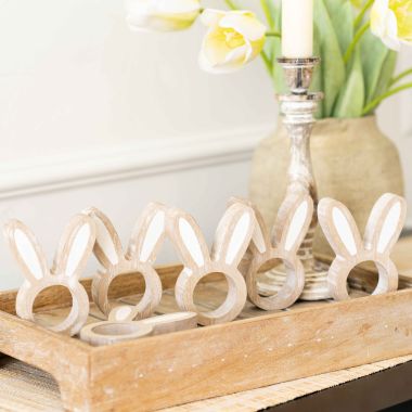 Click here to see Adams&Co 35022 35022 4x5x1 wood napkin rings s/6 (BUNNY) natural, white  BUNNIES & BLOOMS COLLECTION