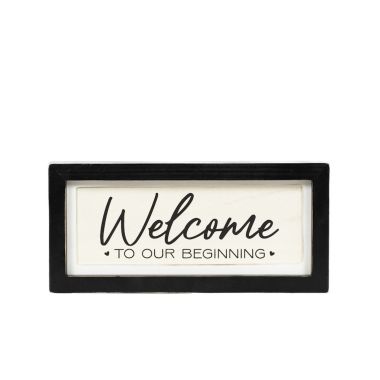 Click here to see Adams&Co 15879 15879 13x6x1.5 reversible wood frame sign (WELCOME/LIVED) white, black  YOU & ME COLLECTION