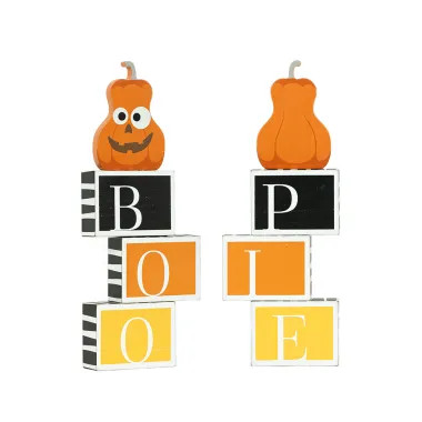 Click here to see Adams&Co 50545 50545 6x14x1.5 reversible wood blocks (BOO/PIE) multicolor  Pumpkins & Sweets Col.