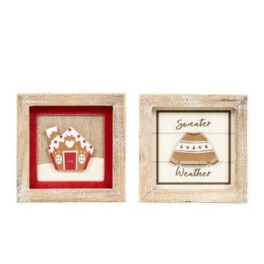 Click here to see Adams&Co 71347 71347 5x5x1.5 reversible wood frame sign (GINGERBREAD/SWEATER) multicolor  Tis the Season Collection