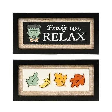 Click here to see Adams&Co 55309 55309 13x6x1.5 reversible wood frame sign (RELAX/LEAVES) multicolor  SWEET & SPOOKY