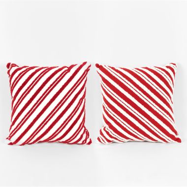 Click here to see Adams&Co 71246 71246 16x16x4 reversible pillow (STRIPE) red, white Candy Cane Lane Collection