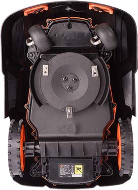 An images of the underside of the mower showing the guard and the three pivot blades