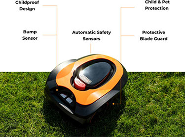 Infographic showing off different saftey features of the mowro mower
